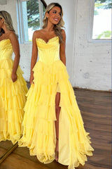 Dressystars Pretty Sweetheart A-Line Satin Top Long Layered Chiffon Prom Dress With Slit Formal Evening Gown