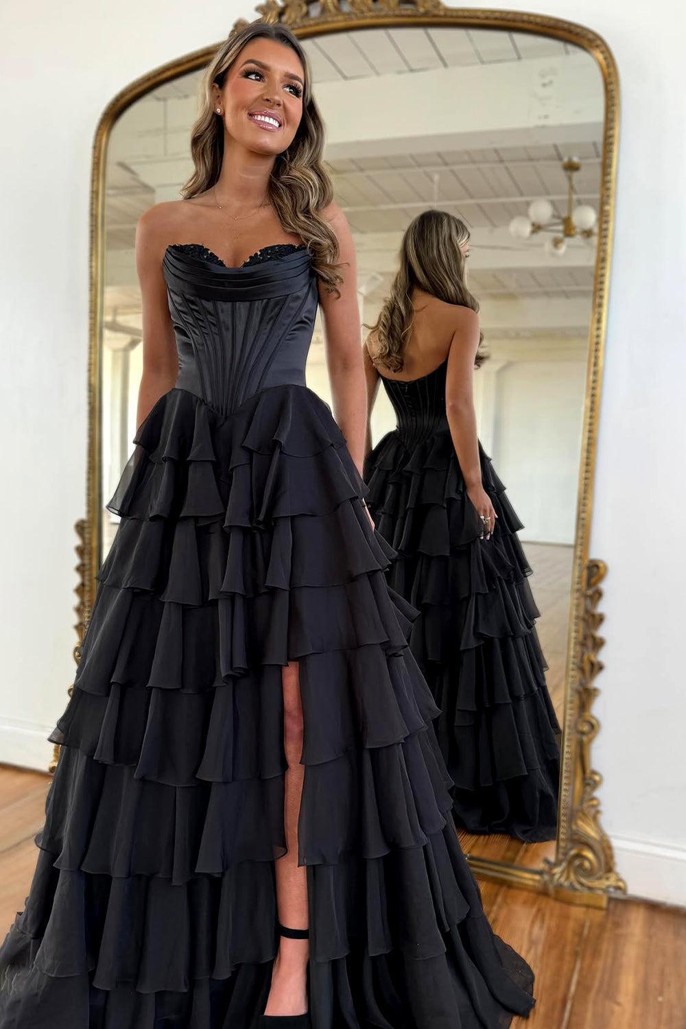 Dressystars Pretty Sweetheart A-Line Satin Top Long Layered Chiffon Prom Dress With Slit Formal Evening Gown