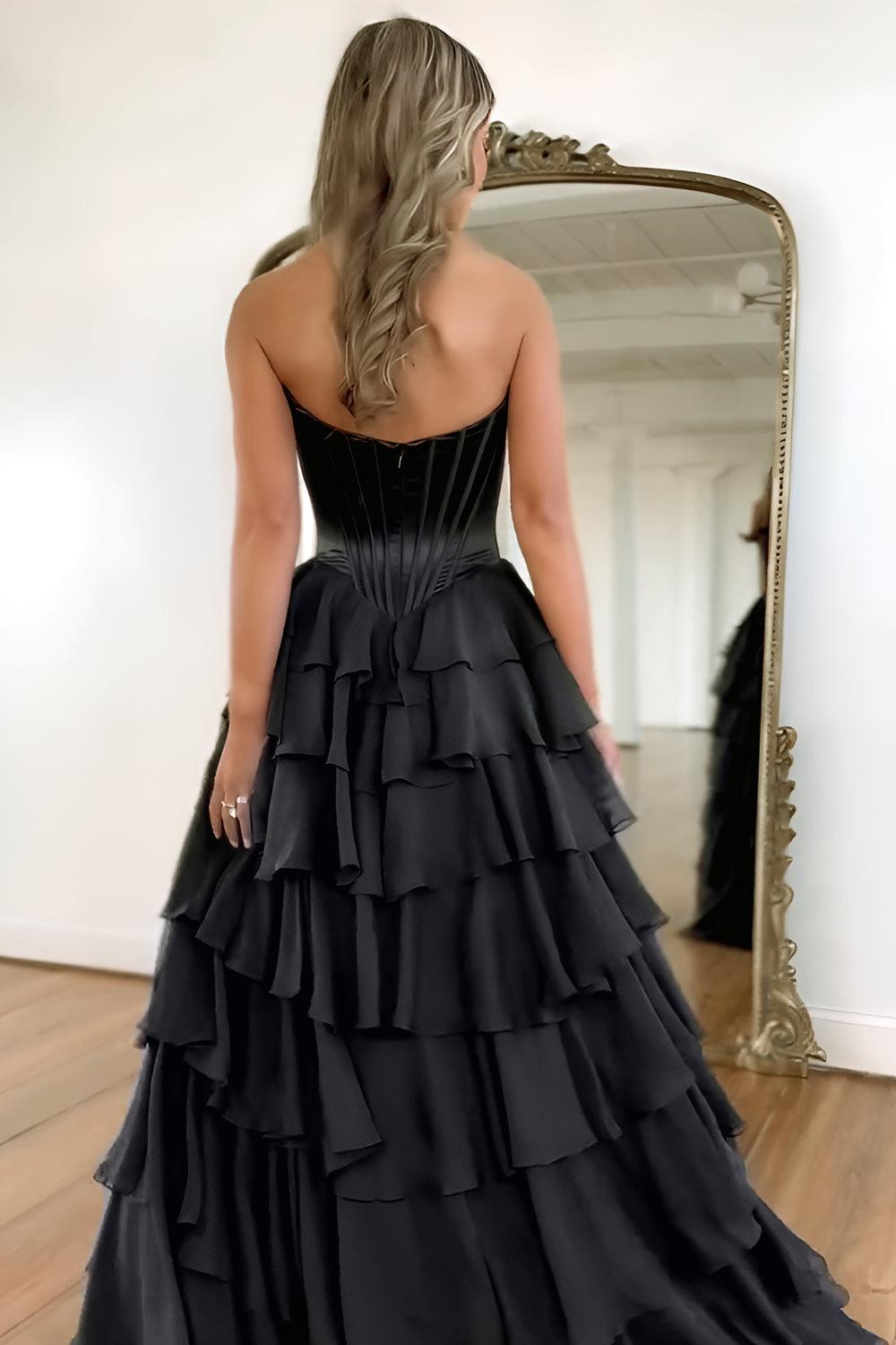 Dressystars Pretty Sweetheart A-Line Satin Top Long Layered Chiffon Prom Dress With Slit Formal Evening Gown