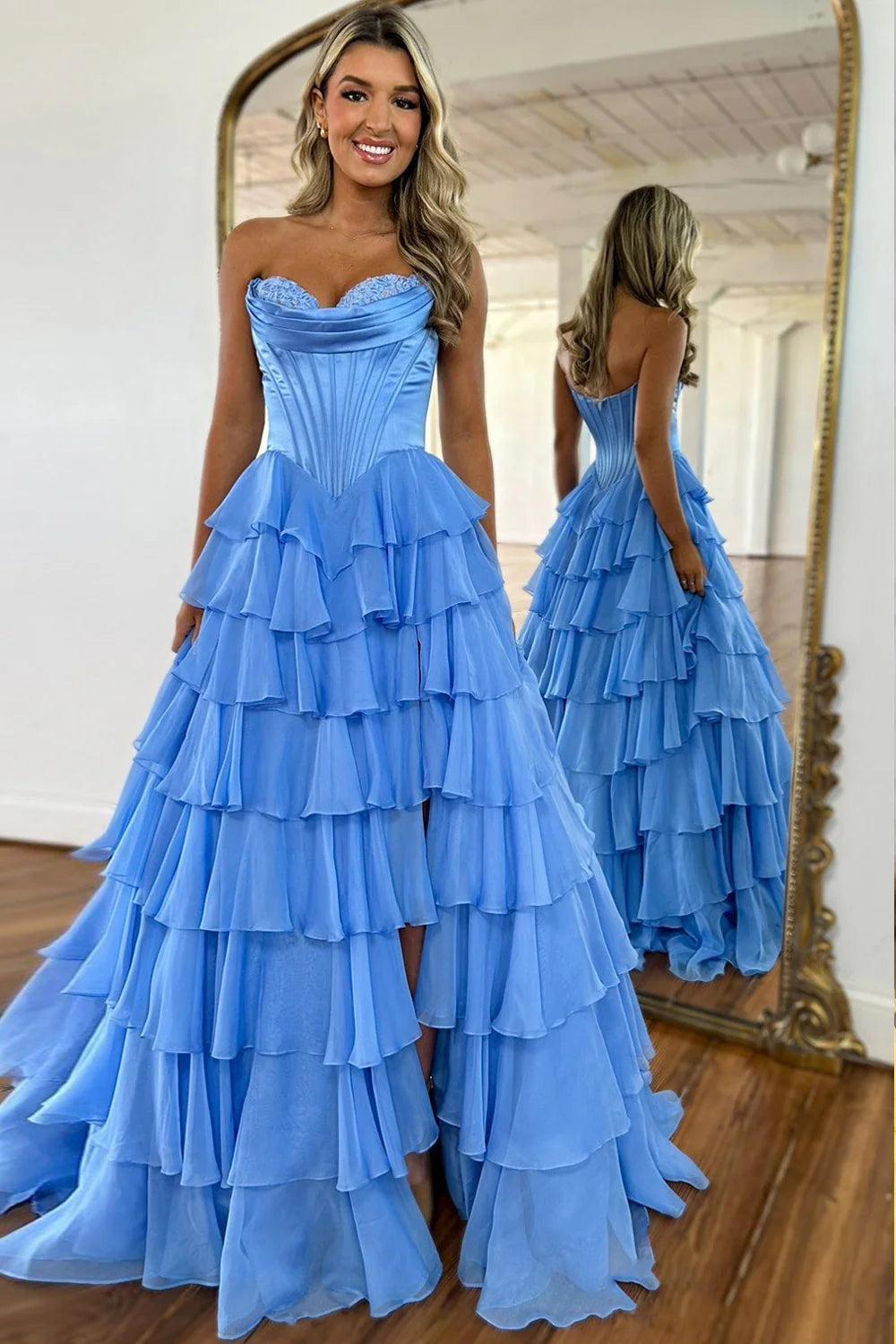 Dressystars Pretty Sweetheart A-Line Satin Top Long Layered Chiffon Prom Dress With Slit Formal Evening Gown