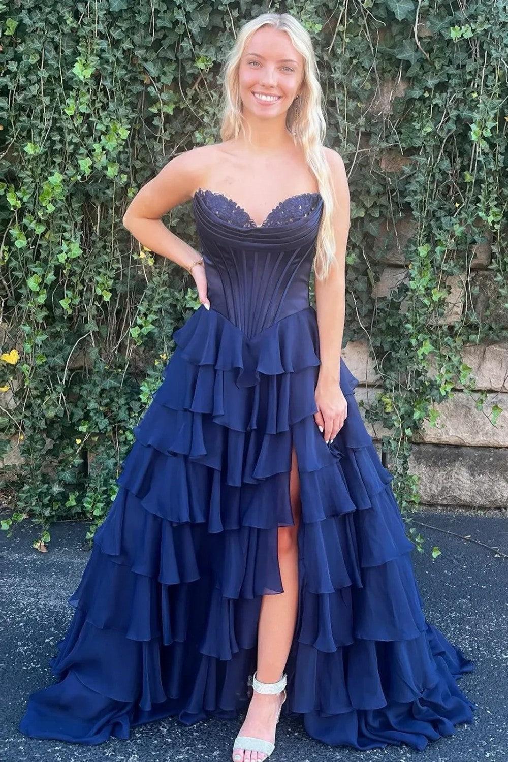 Dressystars Pretty Sweetheart A-Line Satin Top Long Layered Chiffon Prom Dress With Slit Formal Evening Gown