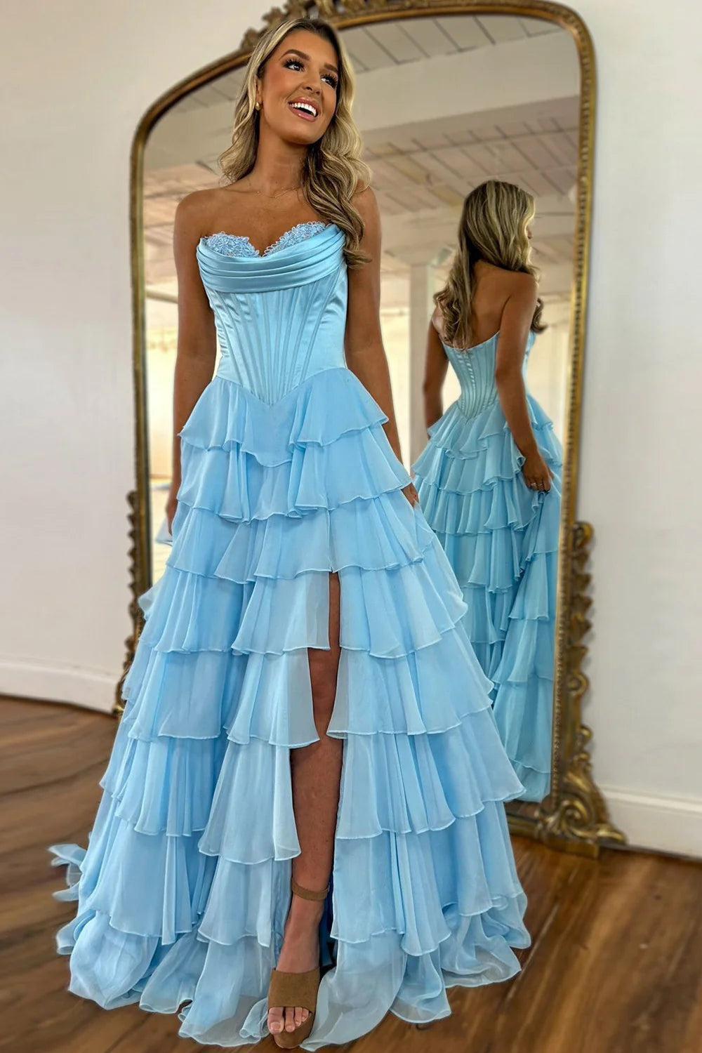Dressystars Pretty Sweetheart A-Line Satin Top Long Layered Chiffon Prom Dress With Slit Formal Evening Gown