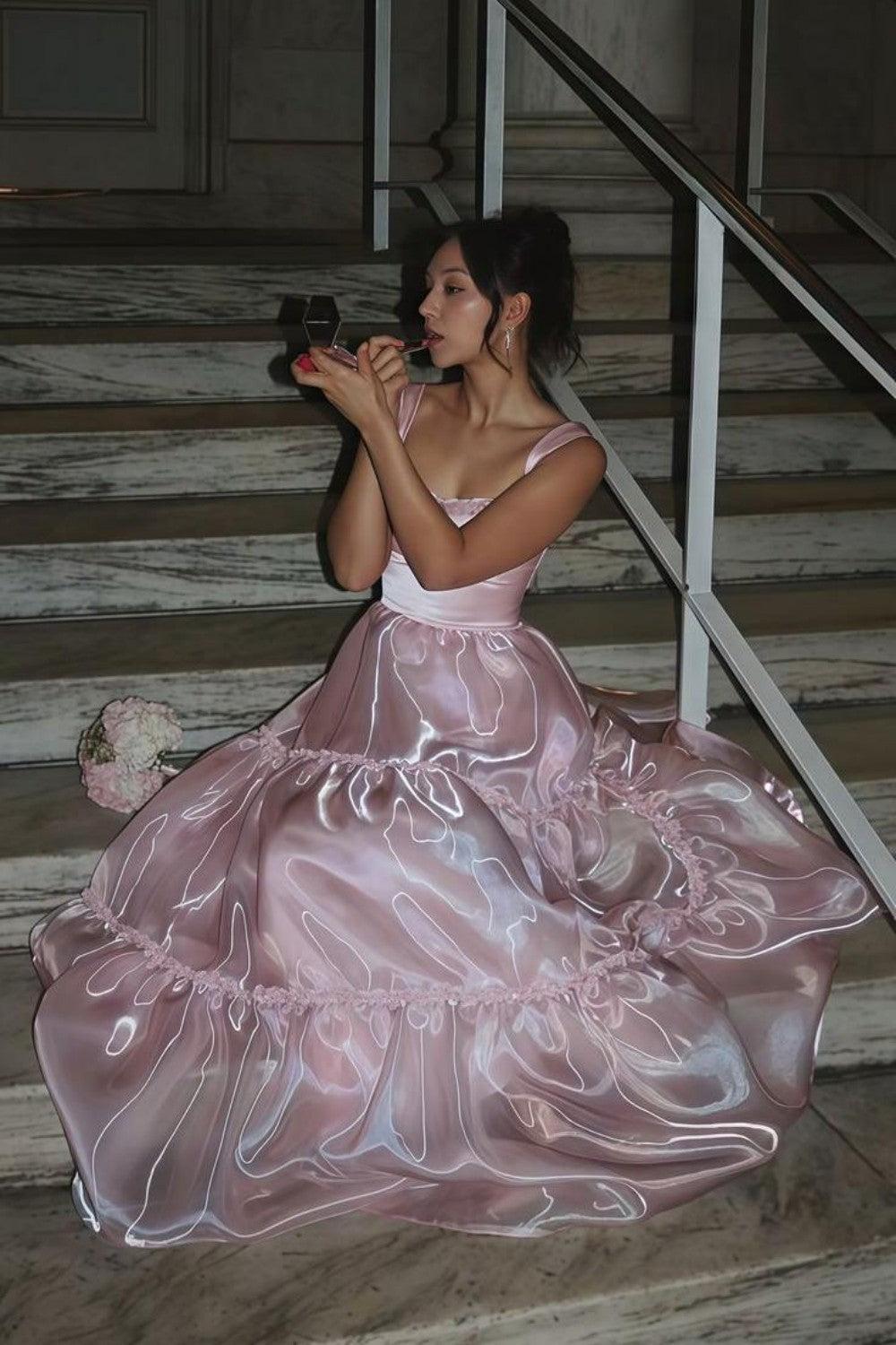 Dressystars Princess A Line Spaghetti Straps Pink Long Prom Dress With Lace Ruffles Formal Evening Gown