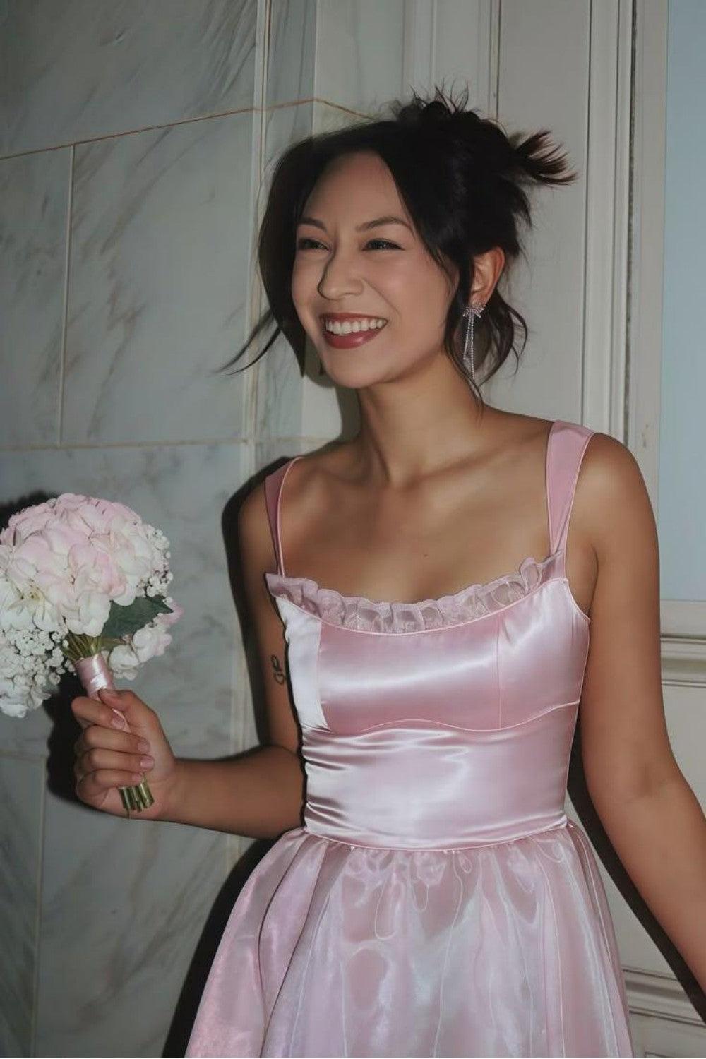 Dressystars Princess A Line Spaghetti Straps Pink Long Prom Dress With Lace Ruffles Formal Evening Gown