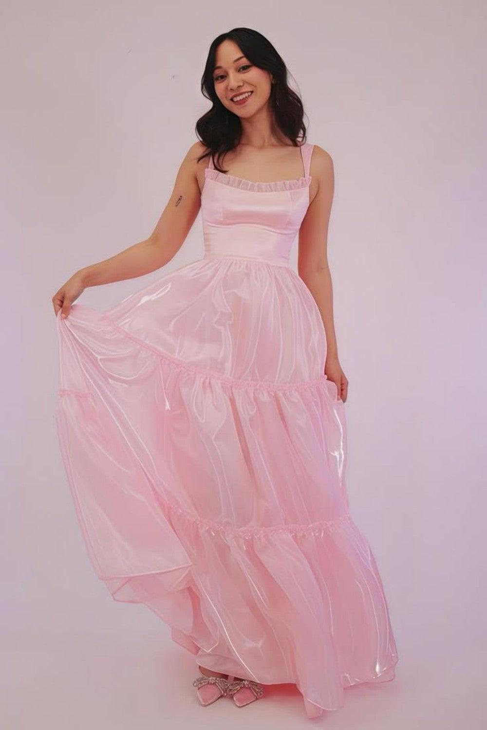 Dressystars Princess A Line Spaghetti Straps Pink Long Prom Dress With Lace Ruffles Formal Evening Gown