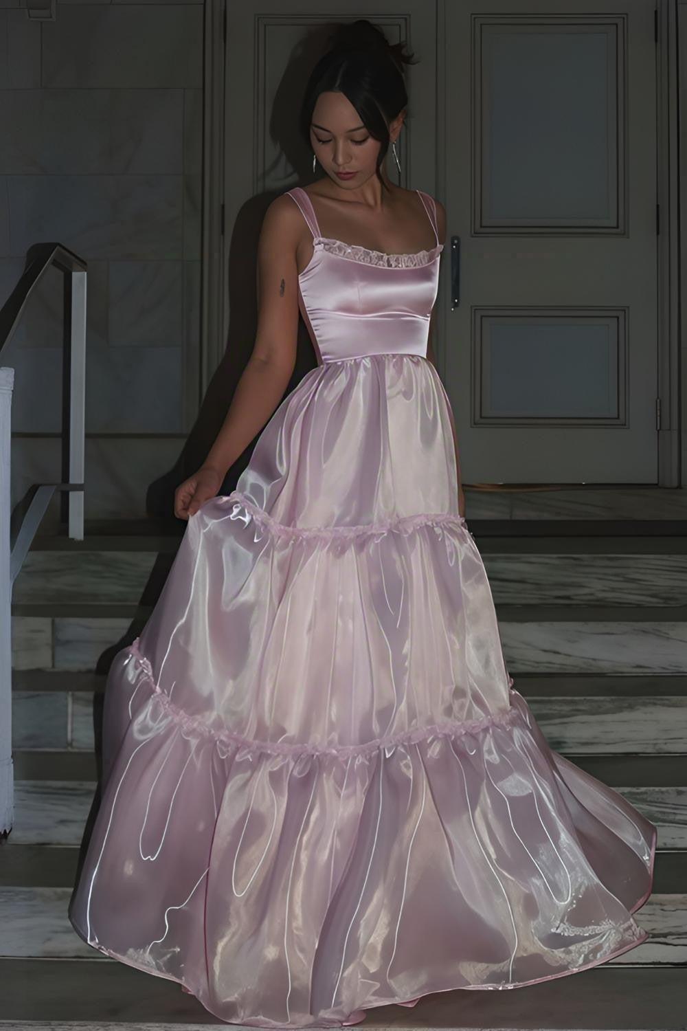 Dressystars Princess A Line Spaghetti Straps Pink Long Prom Dress With Lace Ruffles Formal Evening Gown