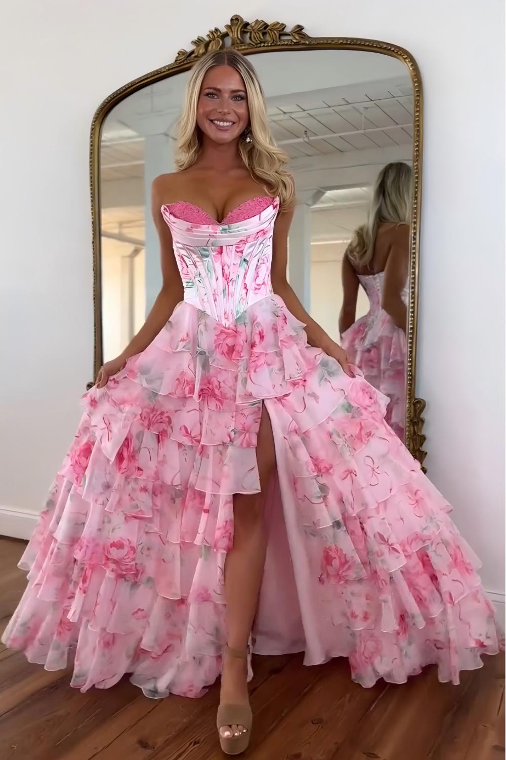Dressystars Princess A Line Sweetheart Pink Corset Prom Dress With Ruffles Appliques Formal Evening Gown