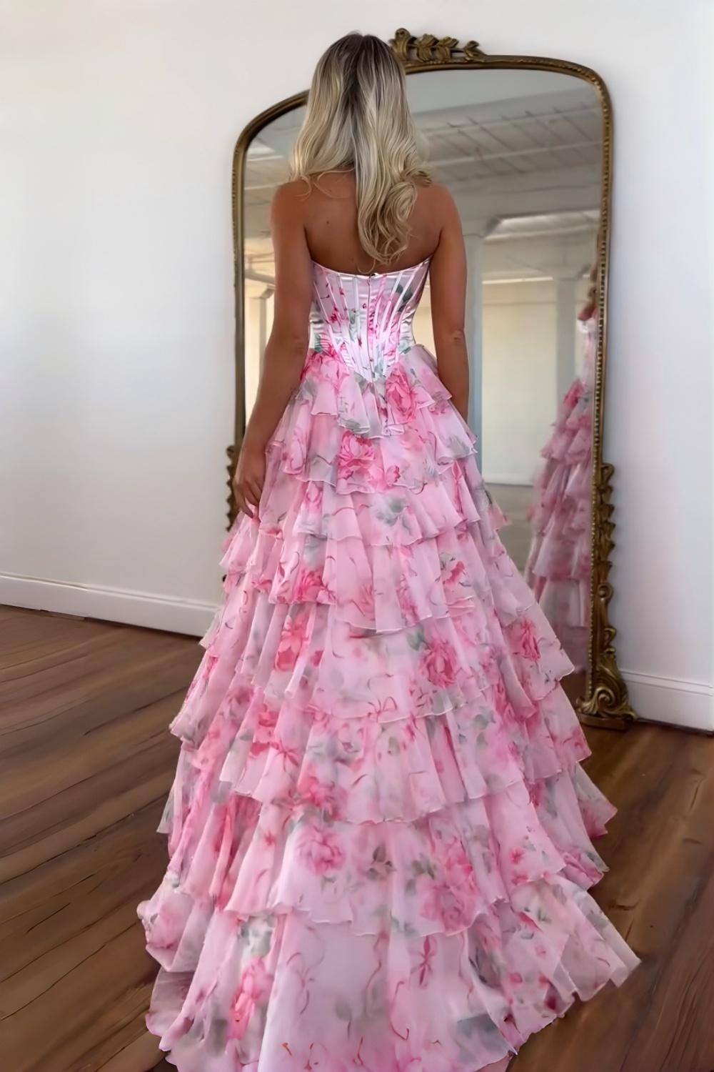 Dressystars Princess A Line Sweetheart Pink Corset Prom Dress With Ruffles Appliques Formal Evening Gown