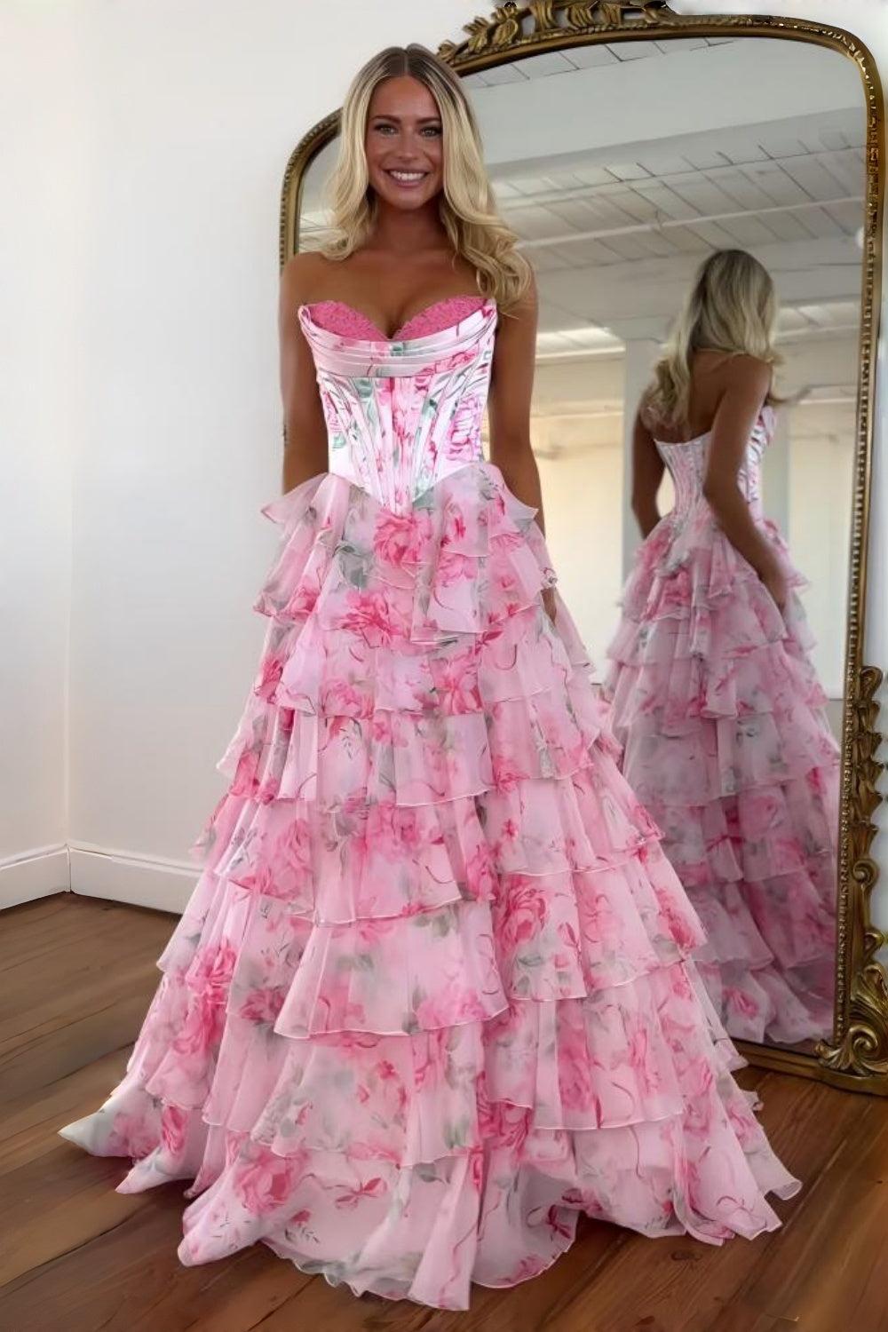 Dressystars Princess A Line Sweetheart Pink Corset Prom Dress With Ruffles Appliques Formal Evening Gown