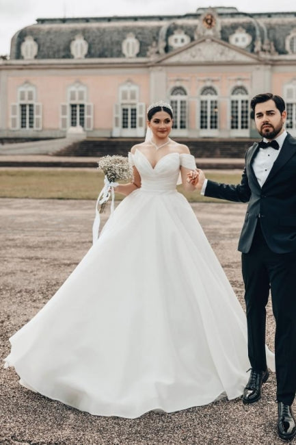 Dressystars Princess White Wedding Dress Off The Shoulder A Line V Neck Organza Satin Bridal Gown