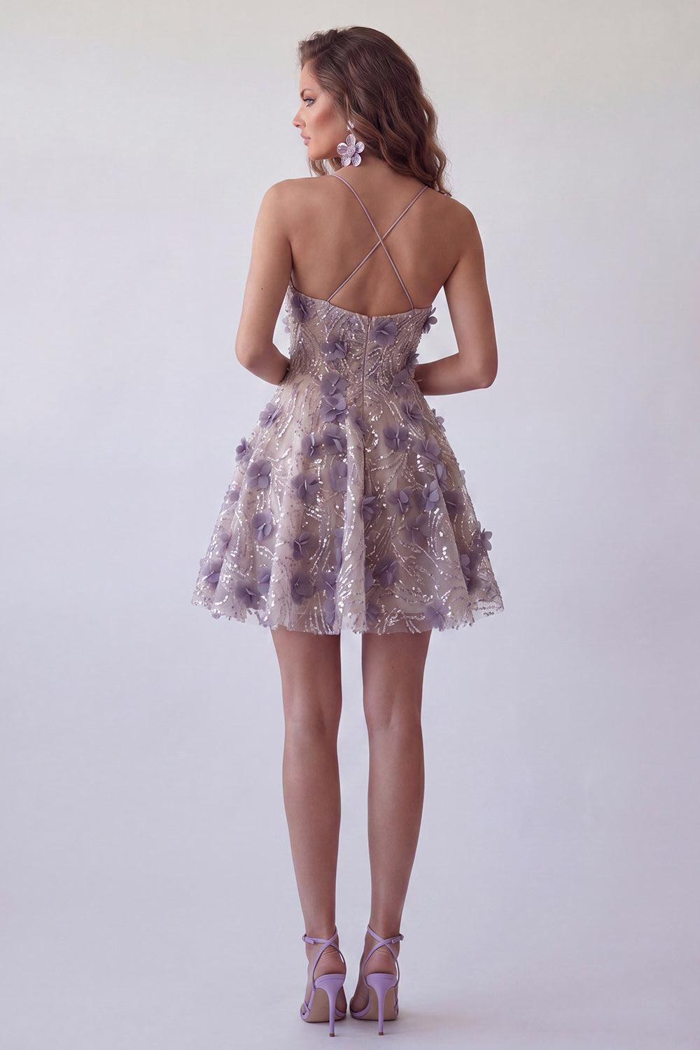 Dressystars Purple Floral Beaded Halter A-Line Short Homecoming Dress