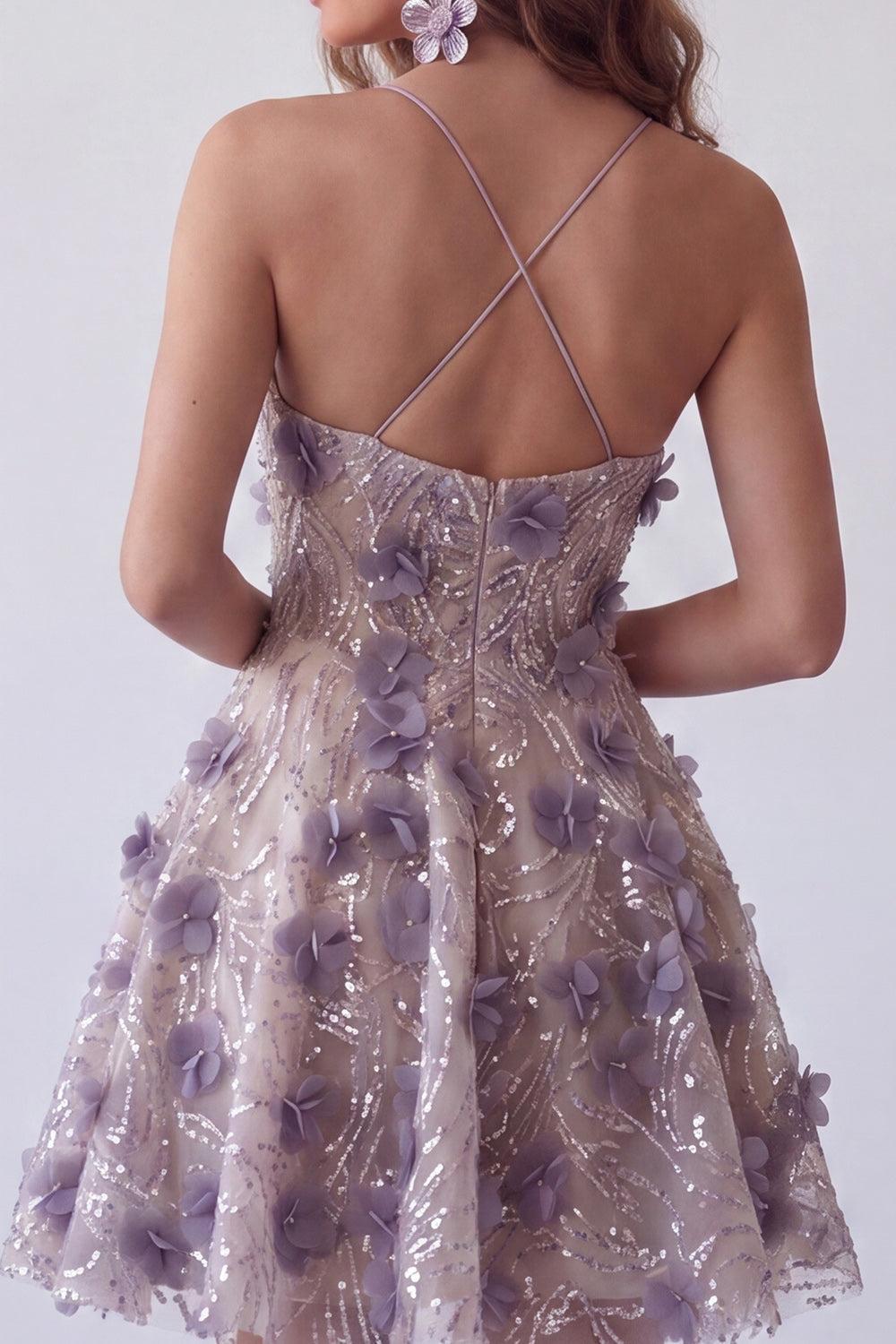Dressystars Purple Floral Beaded Halter A-Line Short Homecoming Dress