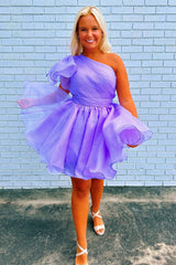 Dressystars Purple Homecoming Dress A-Line One Shoulder Organza Prom Dress with Ruffle