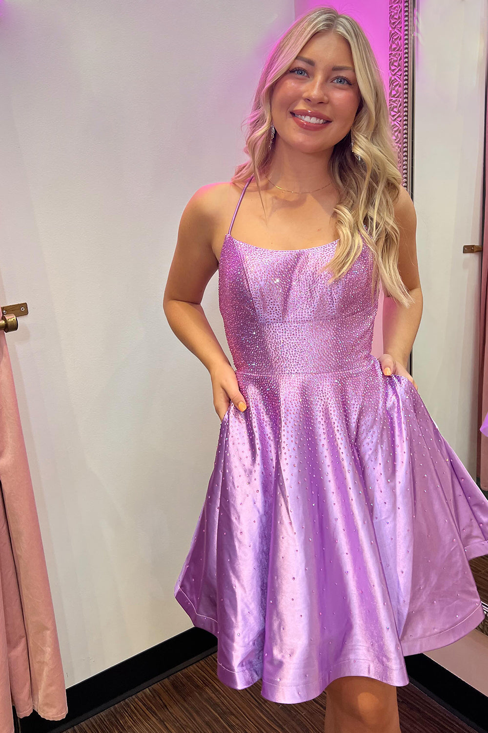 Dressystars Purple Homecoming Dress Beaded A-Line Lace-Up Back Short Prom Dress with Pockets