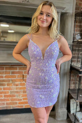 Dressystars Purple Homecoming Dress Beaded Lace-Up Back Tight Short Prom Dress