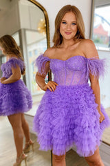 Dressystars Purple Homecoming Dress Corset A-Line Short Prom Dress with Feathers
