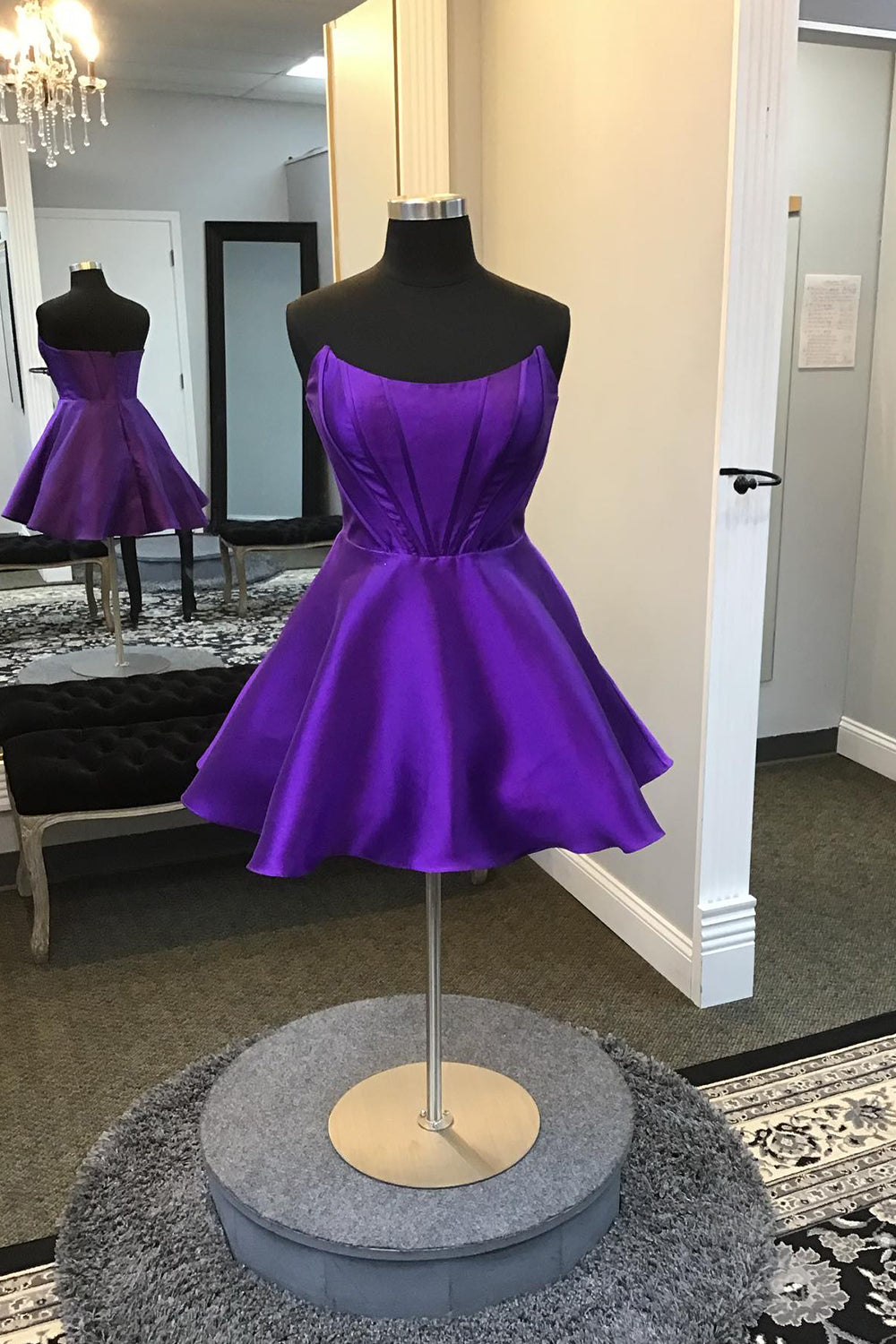 Dressystars Purple Homecoming Dress Corset A-Line Strapless Satin Short Prom Dress