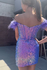 Dressystars Purple Homecoming Dress Corset Tight Sequin Short Prom Dress with Feathers