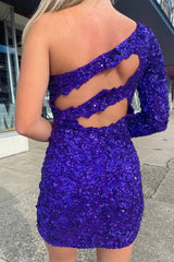 Dressystars Purple Homecoming Dress Cut Out Open Back One Shoulder Sequin Prom Dress