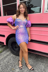 Dressystars Purple Homecoming Dress Detachable Short Sleeves Tight Short Sequin Prom Dress