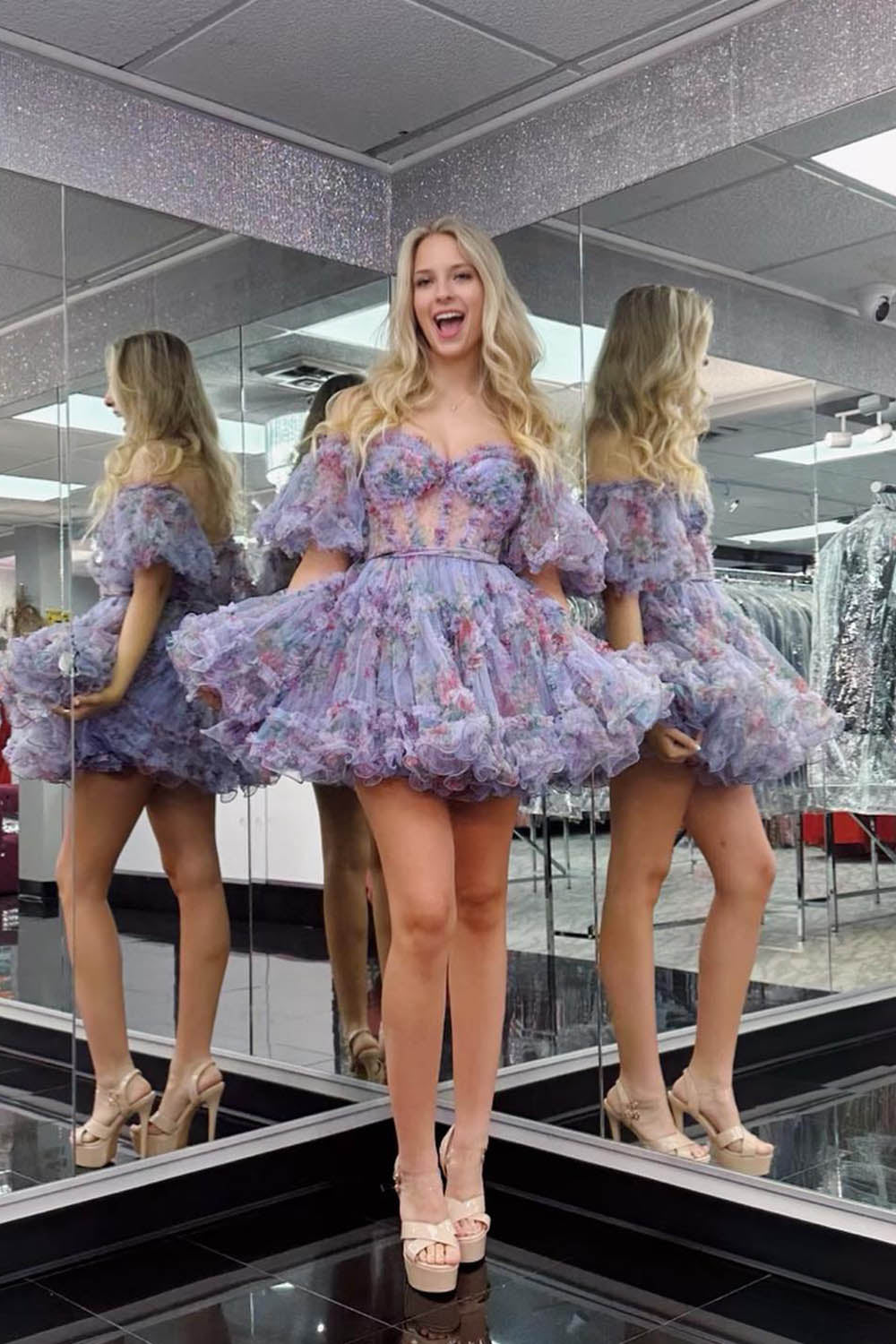 Dressystars Purple Homecoming Dress Floral Off the Shoulder A-Line Short Prom Dress
