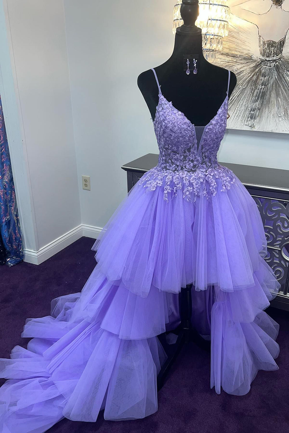 Dressystars Purple Homecoming Dress High Low Tiered Prom Dress with Lace