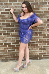 Dressystars Purple Homecoming Dress Lace Tight Short Prom Dress with Feathers