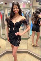Dressystars Purple Homecoming Dress Lace Tight Short Prom Dress with Feathers