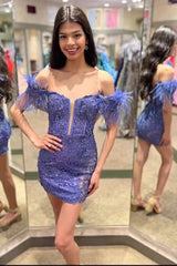 Dressystars Purple Homecoming Dress Lace Tight Short Prom Dress with Feathers