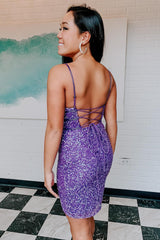 Dressystars Purple Homecoming Dress Sequin Backless Tight Short Prom Dress