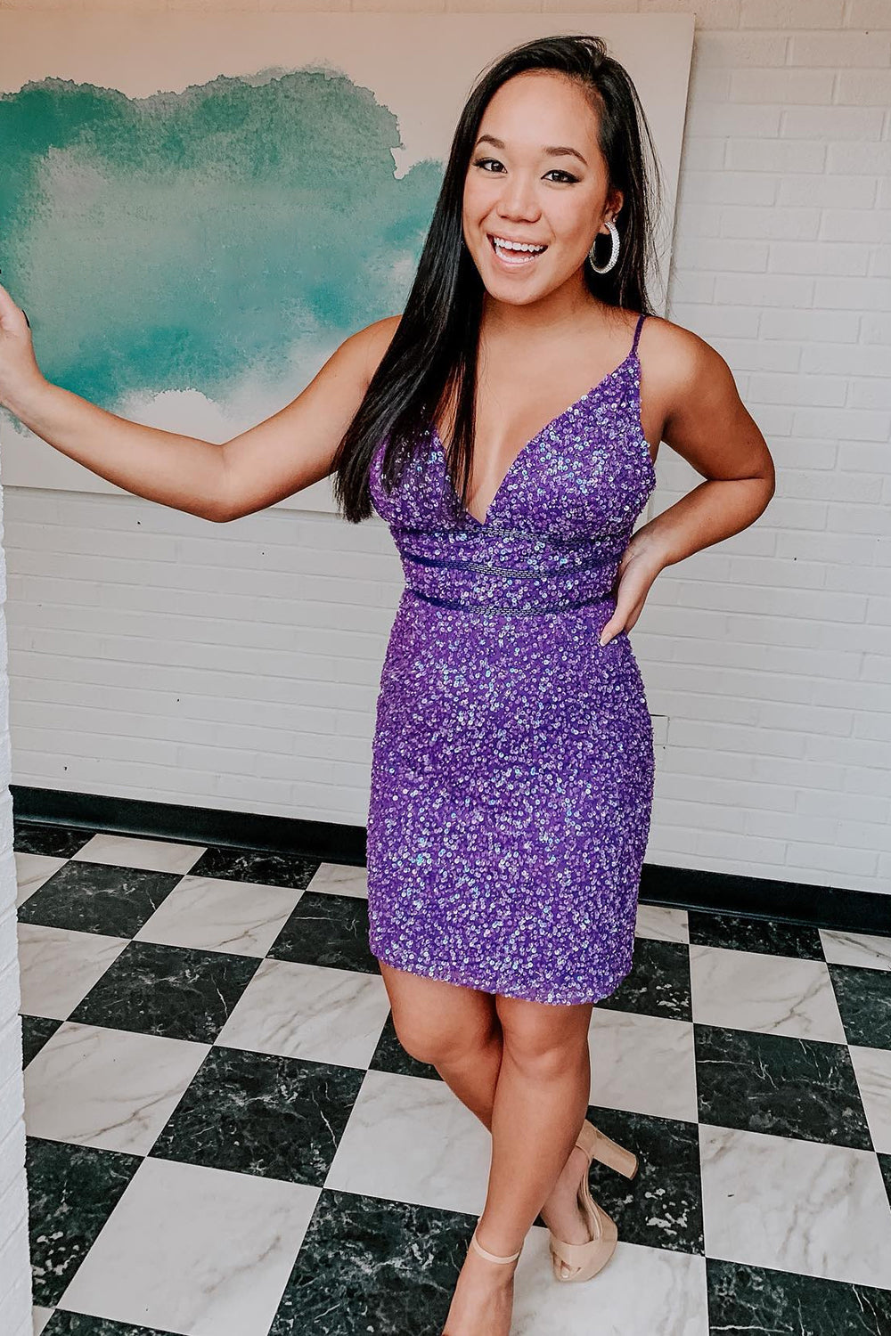 Dressystars Purple Homecoming Dress Sequin Backless Tight Short Prom Dress