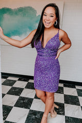 Dressystars Purple Homecoming Dress Sequin Backless Tight Short Prom Dress