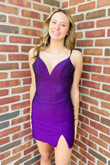 Dressystars Purple Homecoming Dress Sequin Beaded Tight Short Prom Dress with Slit