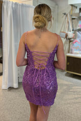 Dressystars Purple Homecoming Dress Sequin Lace-Up Tight Short Prom Dress