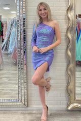 Dressystars Purple Homecoming Dress Sequin One Shoulder Short Prom Dress with Slit