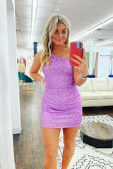 Dressystars Purple Homecoming Dress Sequin One Shoulder Tight Short Prom Dress