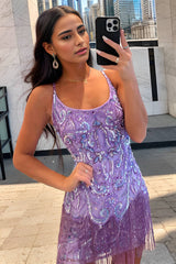 Dressystars Purple Homecoming Dress Sequin Spaghetti Straps Short Prom Dress with Fringes