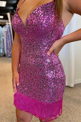 Dressystars Purple Homecoming Dress Sequin Tight Prom Dress with Fringes