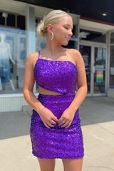 Dressystars Purple Homecoming Dress Sequined Cut Out Backless Tight Short Prom Dress