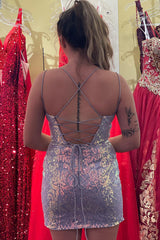 Dressystars Purple Homecoming Dress Sequined Lace-Up Back Tight Short Prom Dress