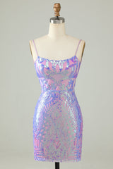 Dressystars Purple Homecoming Dress Spaghetti Straps Backless Short Tight Prom Dress with Sequin