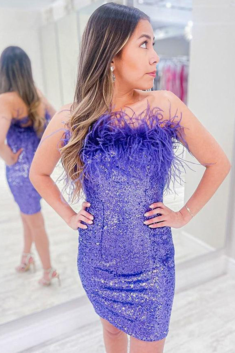 Dressystars Purple Homecoming Dress Tight Sequin Prom Dress with Feathers