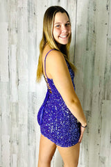 Dressystars Purple Homecoming Dress V-Neck Sequin Sleeveless Tight Short Prom Dress