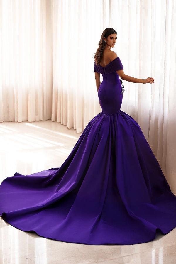 Dressystars Purple Off The Shoulder Formal Dress Satin Mermaid Prom Dress with Rhinestones