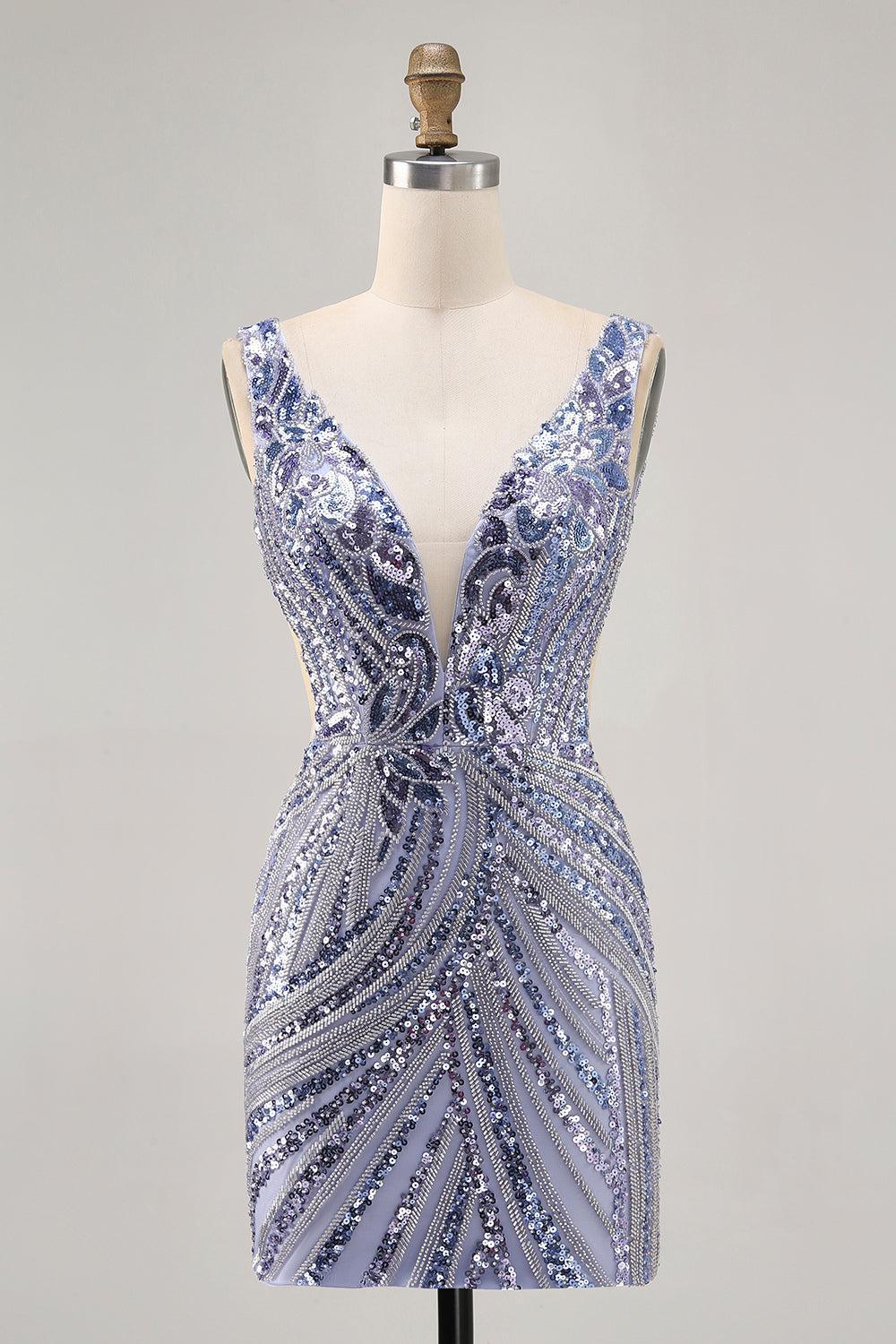 Dressystars Purple Sequin V-Neck Corset Short Homecoming Dress