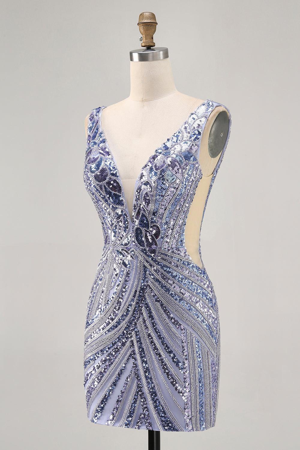 Dressystars Purple Sequin V-Neck Corset Short Homecoming Dress