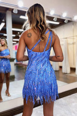 Dressystars Purple Sheath/Column One Shoulder Sequined Lace Short Homecoming Dress