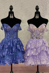 Dressystars Purple Tiered Homecoming Dress Corset Sleeveless Short Cocktail Dress