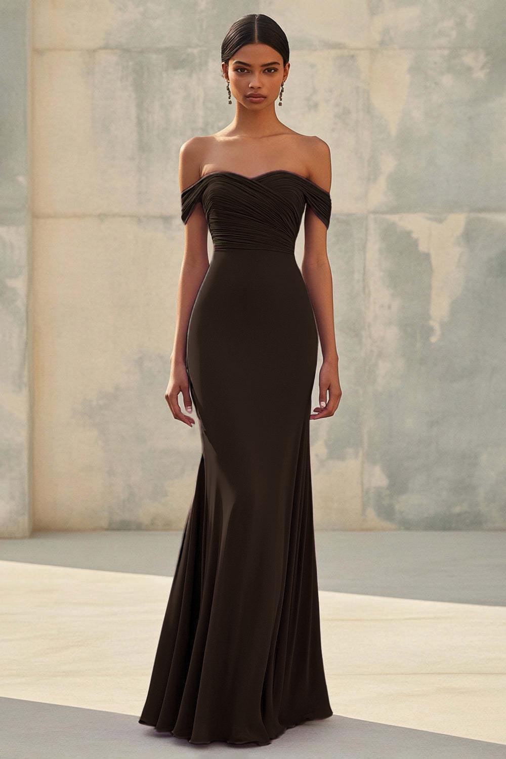 Dressystars Purple Wedding Guest Dress Chiffon Mermaid Off The Shoulder Long Formal Dress With Ruch