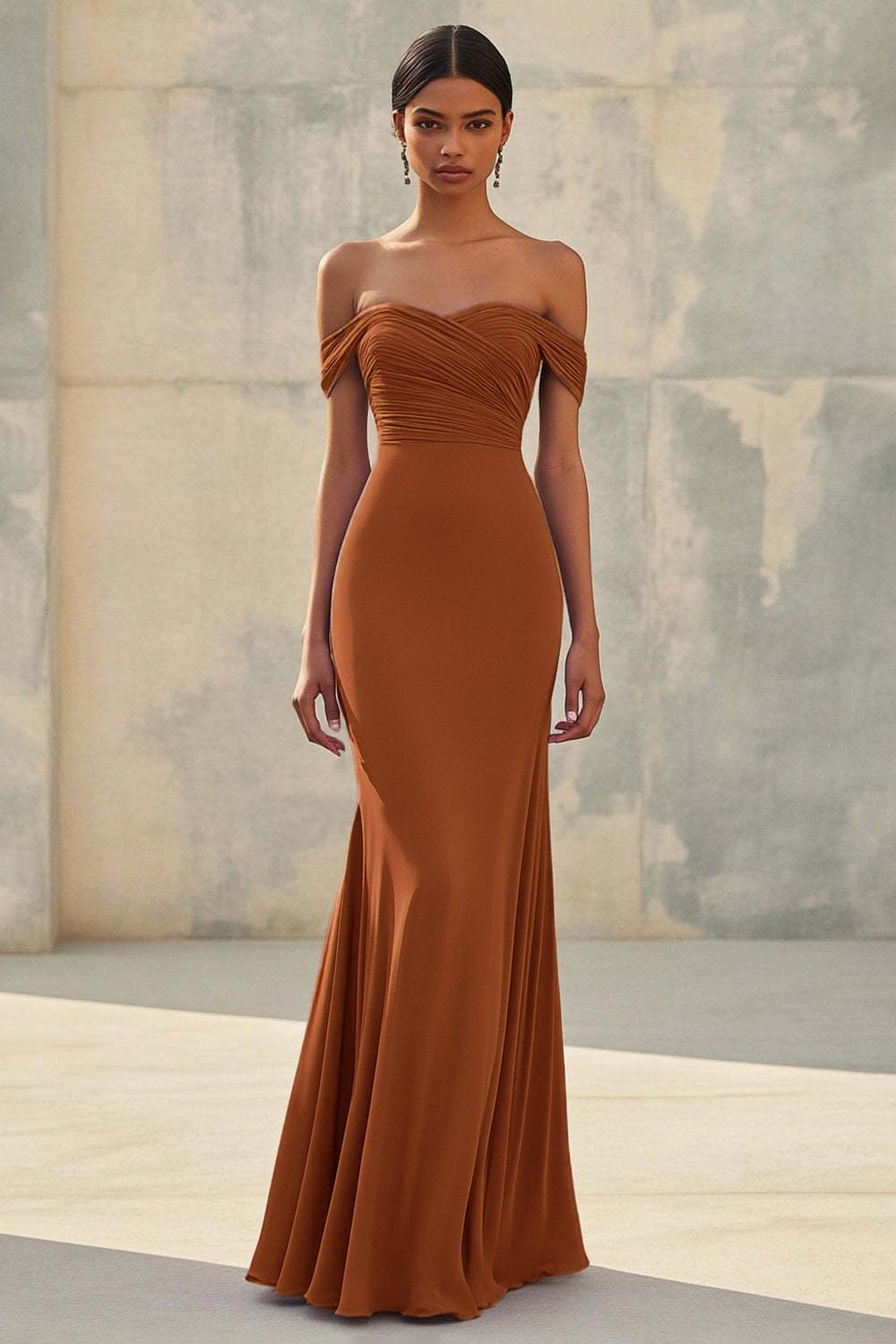 Dressystars Purple Wedding Guest Dress Chiffon Mermaid Off The Shoulder Long Formal Dress With Ruch